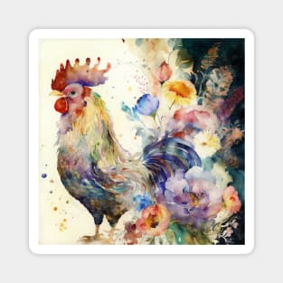 Cute Watercolor Floral Rooster, Farm Animal, Magnet