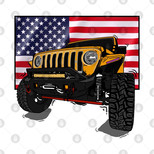 Jeep with American Flag - Orange Essential by 4x4 Sketch