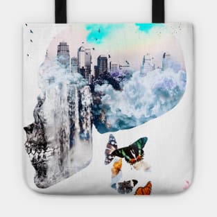 Mystic Skull beautiful blue sky city scape butterfly Tote