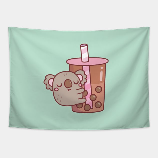 Cute Chubby Koala Hugging Bubble Tea Cup Tapestry by rustydoodle