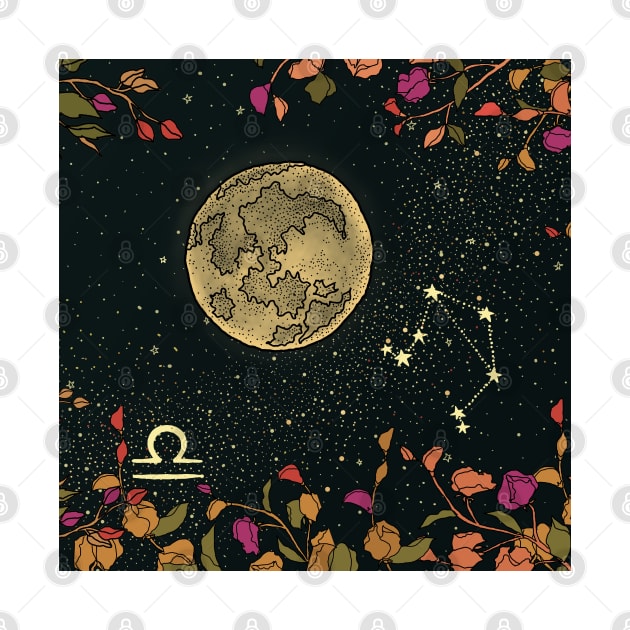 Libra Zodiac Flower Moon Night Sky by Sierraillustration