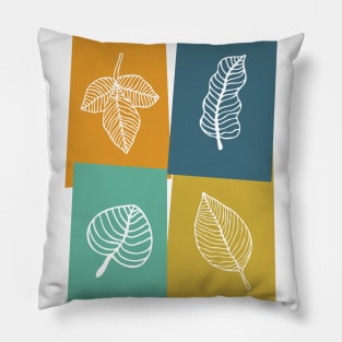 White Leaves on Gold Blue Orange Turquoise Rectangles Pillow