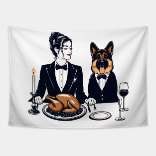 Lady and German Shepherd Thanksgiving Dinner Tapestry