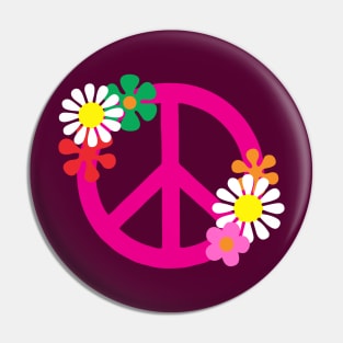 Pink Hippie Peace Symbol and Flowers Pin