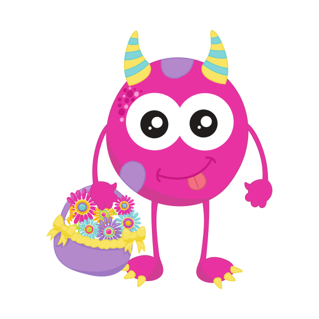 Spring Monster, Pink Monster, Horns, Flowers by Jelena Dunčević