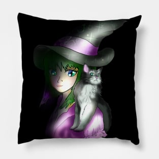 Young witch with a black and white cat Pillow