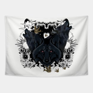 Awesome dark wolves with birds Tapestry