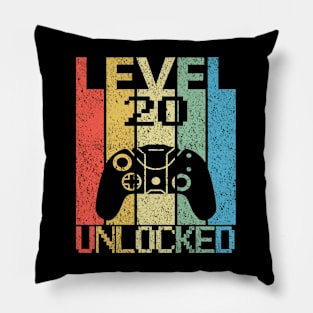 Funny Level 20 Unlocked, Retro 20th Birthday Gamer Gift Pillow