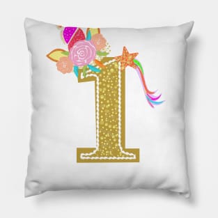 One. First birthday. Colorful unicorn birthday invitation Pillow