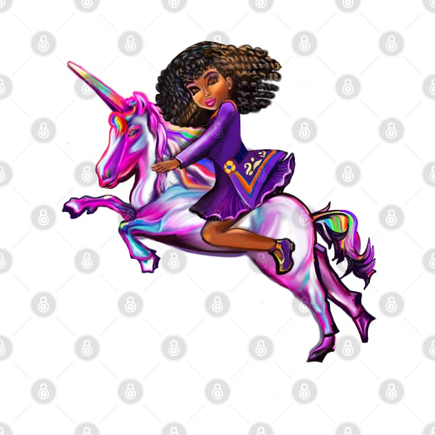 Curly hair Princess on a unicorn pony, lit up- black girl with curly afro hair on a horse by Artonmytee