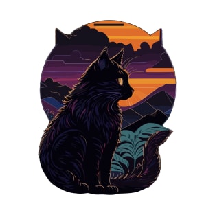 black cat with mountain background at the sunset T-Shirt