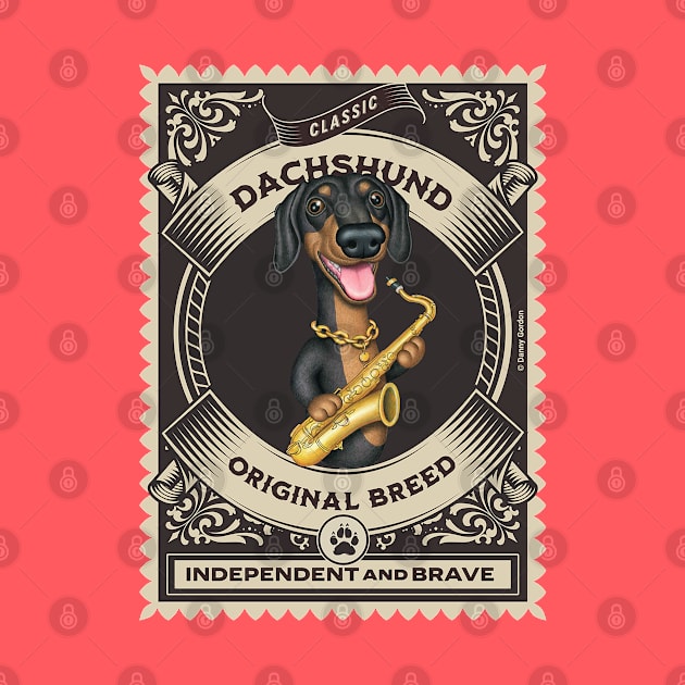 Cute doxie dachshund with sax in golden circle by Danny Gordon Art