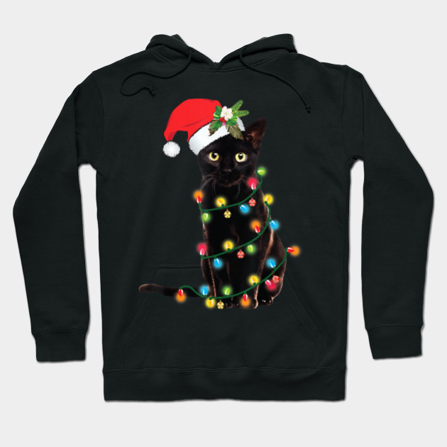 Santa Black Cat Wrapped Up In Christmas Tree Lights Holiday T