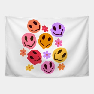 Trippy Melting Smiling Faces with Flowers Tapestry
