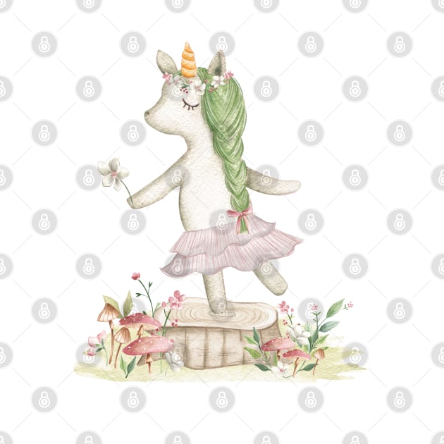 Unicorn dancing among flowers and mushrooms - watercolour by Vallia Rose