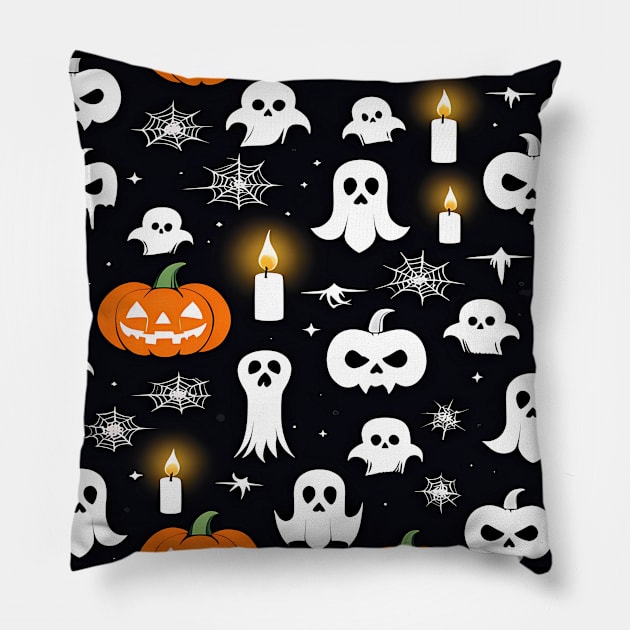 Halloween Seamless Pattern with Pumpkins, Ghosts, Candles, and Spider Webs Pillow by Thewondercabinet28