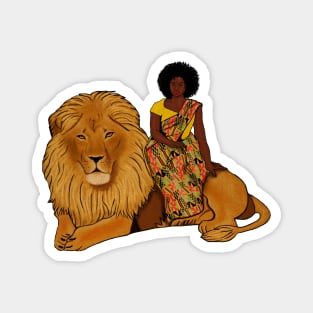 Proud African Afro Woman with Lion and Kente Pattern Magnet