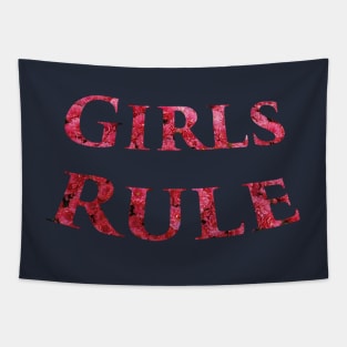 Girls Rule in Pink Flowers - Girl Power Word Art in a Navy Background Tapestry