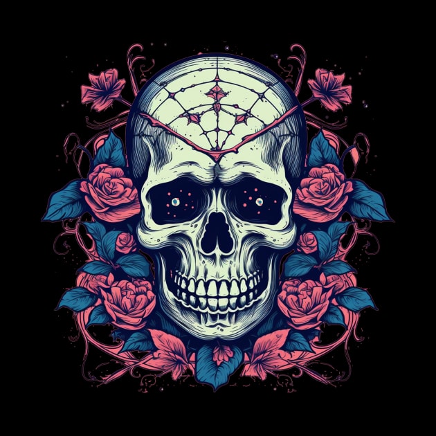 Dark Skull With Spider Webs and Flowers by TOKEBI