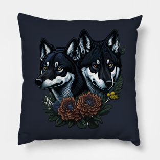 Black Wolf with Wild Flower Pillow