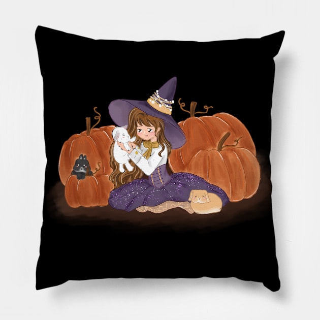 Little Witch and Three Rabbit _ Bunniesmee Halloween Edition Pillow by GambarGrace