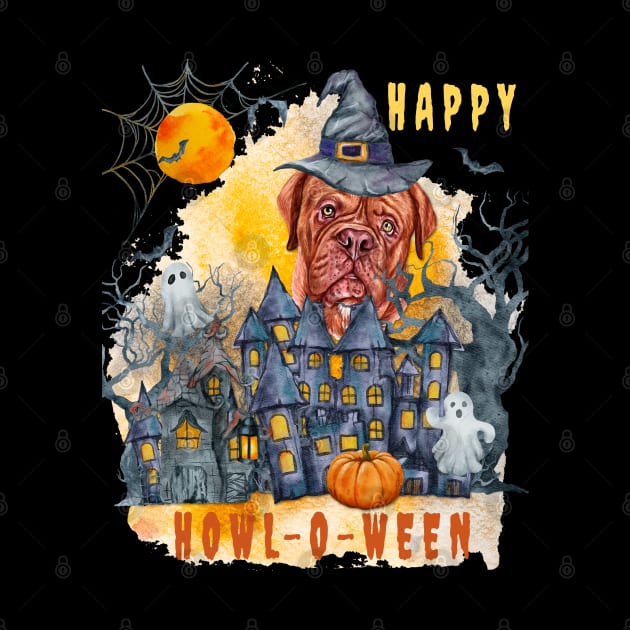 French Mastiff Happy Howl-o-ween Ghost Houses Funny Watercolor by Sniffist Gang