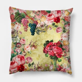 Elegant Vintage flowers and roses garden shabby chic, vintage botanical, pink floral pattern yellow artwork over a T-Shirt Pillow