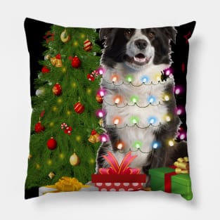 Border Collie Christmas Tree Santa Hat Funny Xmas Gift Dog T-Shirt Pillow