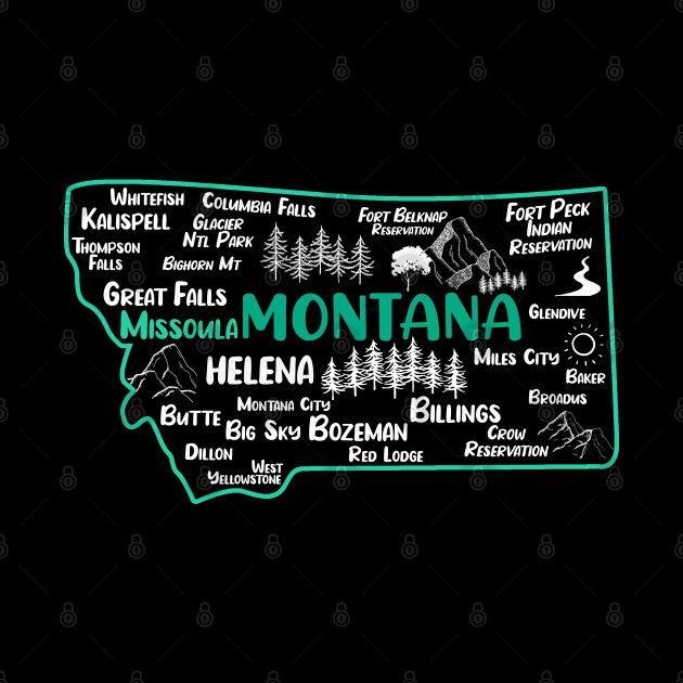 Cute map of Missoula Montana, Helena, Great Falls, Butte, Bozemian, Billings, Kalispell, Big Sky by BoogieCreates
