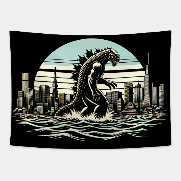 Vintage Godzilla Roars: Classic Sci-Fi Godzilla T-Shirt Design Tapestry by Klimek Prints