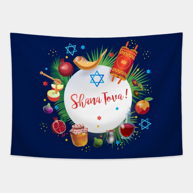 Happy Rosh Hashanah - Shana Tova! Autumn New Year Jewish Holiday Paty. Honey and Apple, Pomegranate, Shofar, Star of David, traditional symbols, torah, shofar, pomegranates, star of David, tropical palm tree leaves. Navy Blue Decoration Tapestry by sofiartmedia