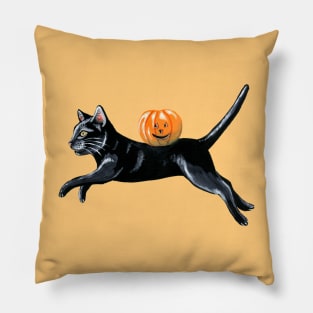 Leaping Halloween black cat Pillow