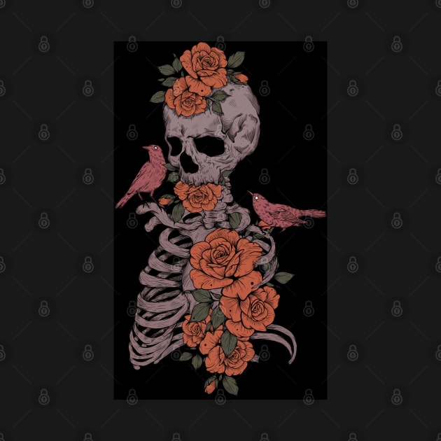 Skeleton, florals and birds by Jess Adams