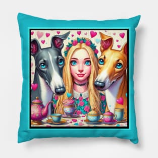 Young Girl and her Greyhounds Tea Party Pillow