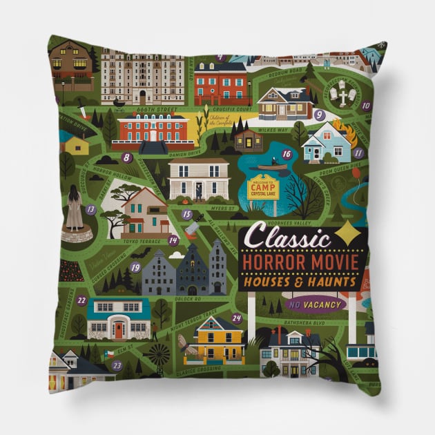 Classic Horror Movie Map Pillow by Lucie Rice Illustration and Design, LLC