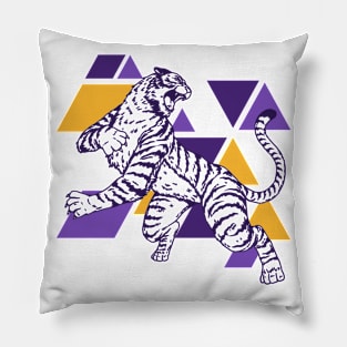 Retro Purple & Gold Tiger on the Attack // Vintage Geometric Shapes Background Pillow