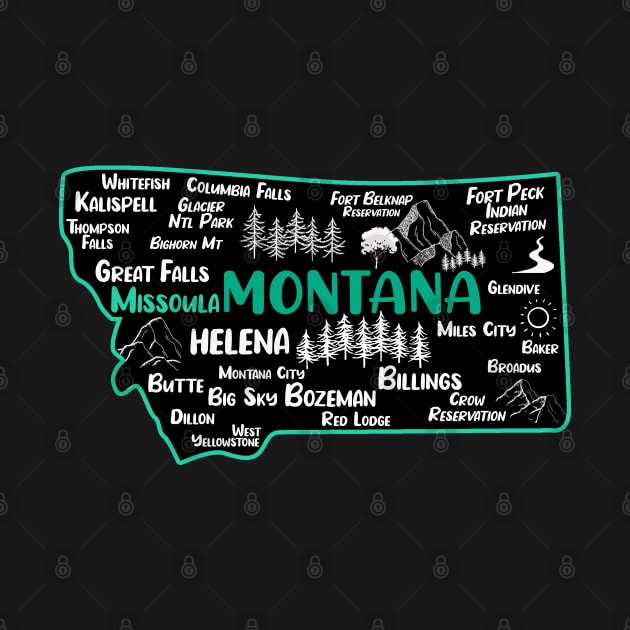 Cute map of Missoula Montana, Helena, Great Falls, Butte, Bozemian, Billings, Kalispell, Big Sky by BoogieCreates