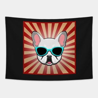 White Frenchie Dog Wearing Blue Sunglasses Funny French Bulldog Tapestry