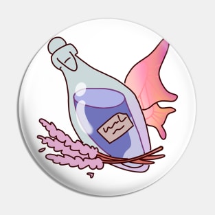 Pale Pink Wings: Glass Bottle with Violet Liquid, Amidst Floral Harmony Pin