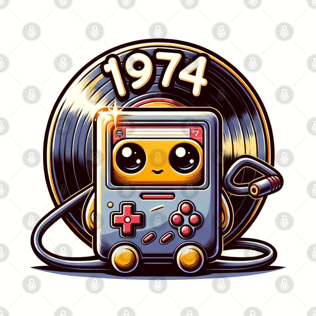 vintage 1974 Birthday, cute retro vinyl record and cassette tape, born in '74, 70s era by O.M.Art&Yoga