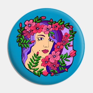 Woman with Purple Hair and a Garland of Pink Flowers Pin