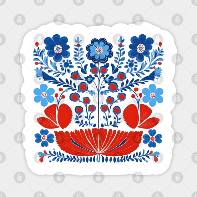 Red and Blue Scandinavian Folk Art Flowers Magnet by craftydesigns