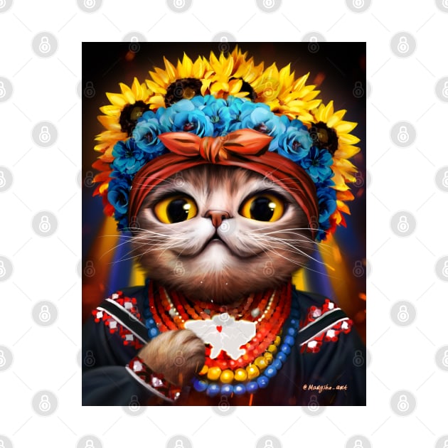 Cute Ukrainian cat patriot in the wreath of flowers by Marysha_art