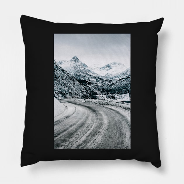 Frozen Road to Geiranger During Moody Winter Day (Norway) Pillow by visualspectrum