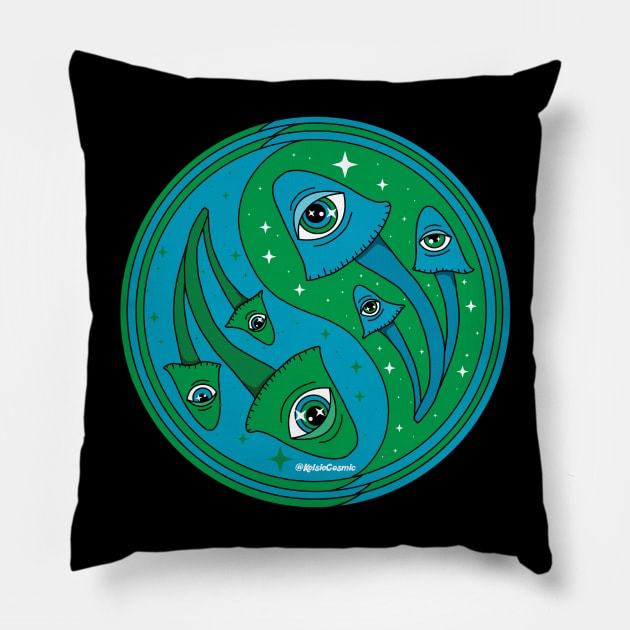 Yin Yang Mushrooms - Green Pillow by Kelsie Cosmic