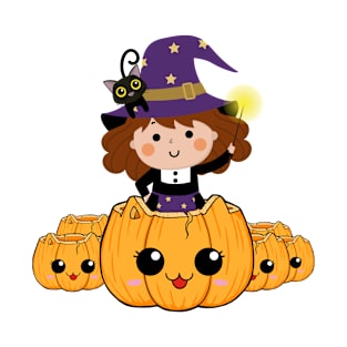 Cute little halloween witch with pumpkin and black cat T-Shirt