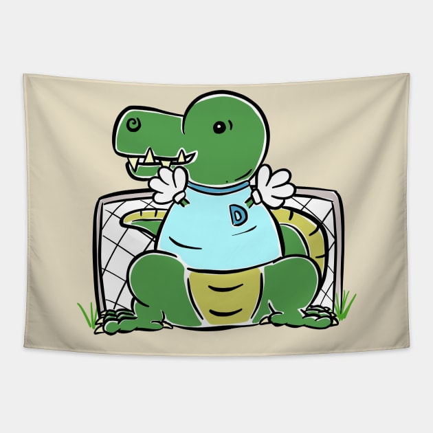 Goalkeeper Football Tyrannosaurus Dinosaur Dino Cartoon Cute Character Tapestry by Squeeb Creative