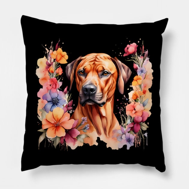 A rhodesian ridgeback decorated with beautiful watercolor flowers Pillow by CreativeSparkzz