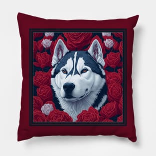 Dogs, Husky and flowers, dog, style vector (red version Siberian Husky) Pillow