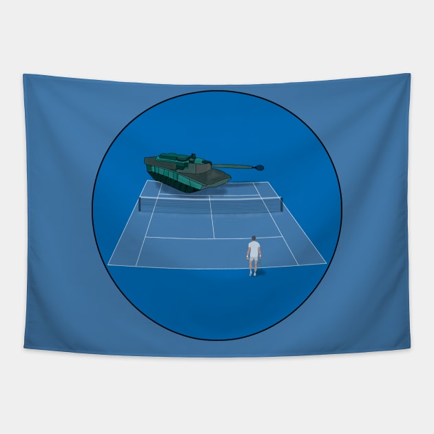 Duel Between a Tank and a Tennis Player Tapestry by DiegoCarvalho